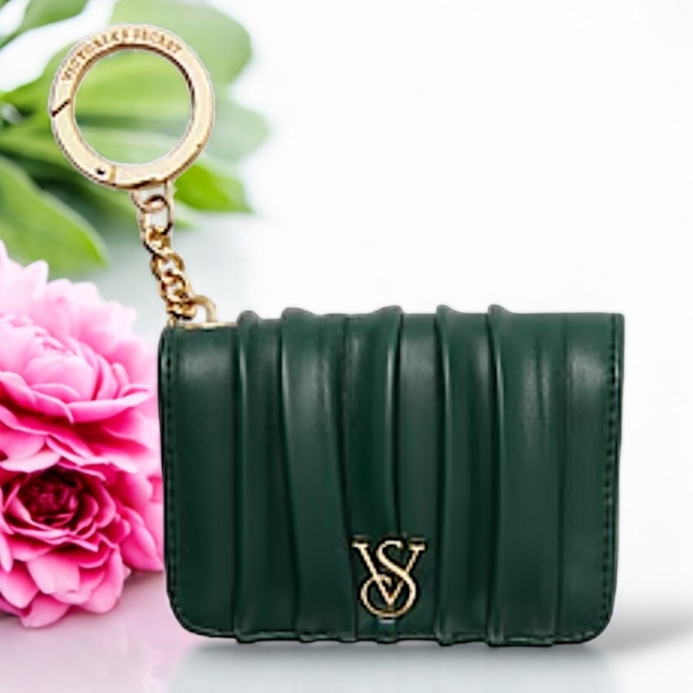 Victoria's Secret New PINK Signature Flap Card Case Keychain Wallet Hunter Green